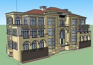 欧式风格三层办公楼建筑设计SU(草图大师)整体模型