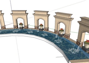 新古典弧形喷泉水景SU(草图大师)模型