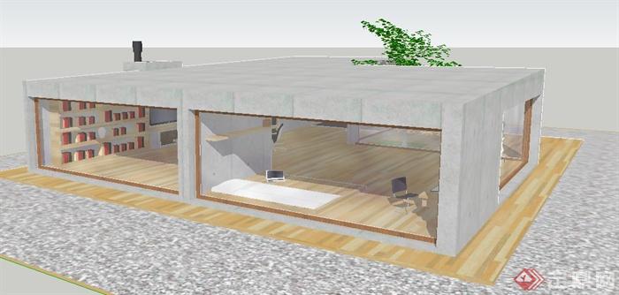 现代单层住宅建筑及室内设计su模型(3)