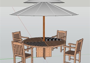 现代中式风格木桌椅及遮阳伞SU(草图大师)模型