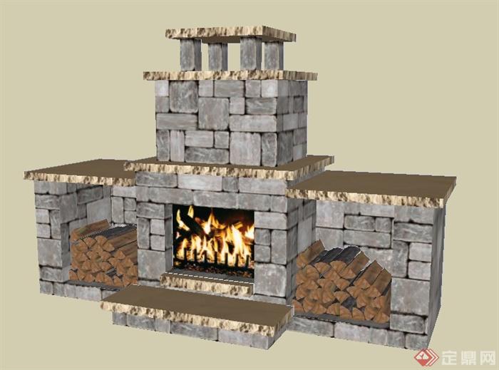 现代石砌壁炉SU模型(1)