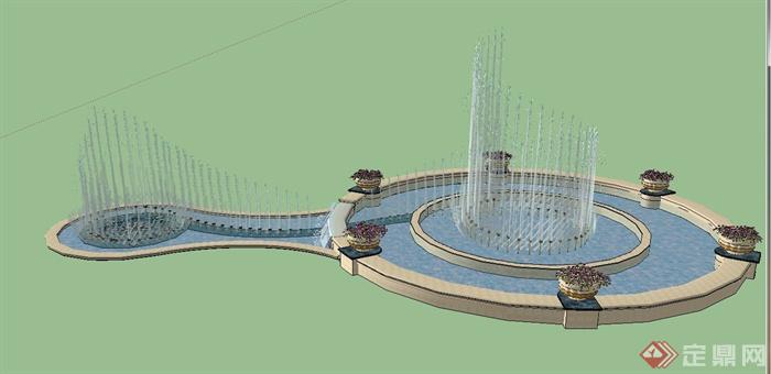 园林葫芦形水池喷泉景观设计SU模型(2)