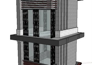 现代中式二层观景塔楼SU(草图大师)模型