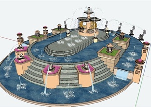 现代风格雕塑叠水喷泉水景SU(草图大师)模型