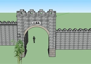 古典中式门廊围墙设计SU(草图大师)模型