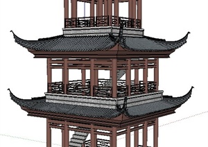 古典中式四角塔楼设计SU(草图大师)模型