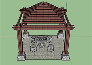 园林景观木制四角亭子设计SU(草图大师)模型