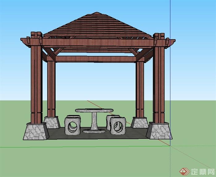 园林景观木制四角亭子设计su模型