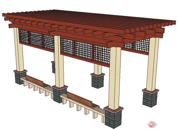现代风格木制廊架设计su模型(2)
