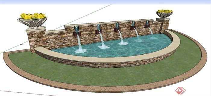 现代半圆形喷泉水景su模型(2)