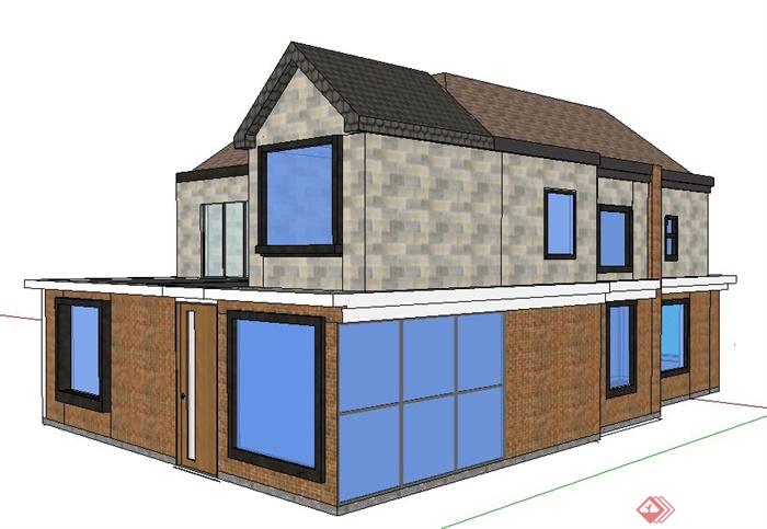 现代风格二层小别墅居住建筑设计su模型(3)