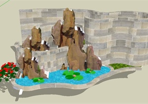 现代矮墙及假山水景SU(草图大师)模型