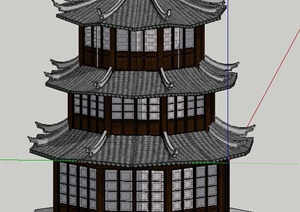 中式风格三层八角塔楼设计SU(草图大师)模型