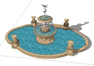 欧式雕塑跌水池设计SU(草图大师)模型
