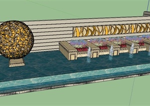 现代风格喷泉水景及景墙SU(草图大师)模型