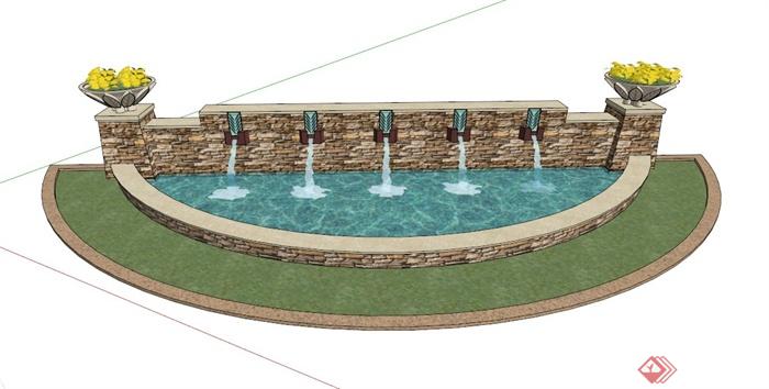 model] 吐水牆水池設計su模型,吐水牆,水池和花缽組合設計,模型製作