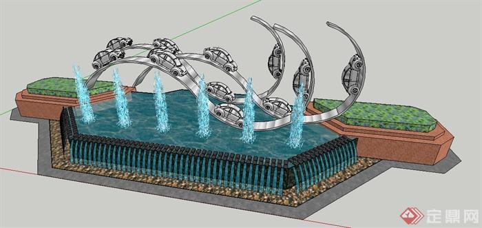 现代风格创意雕塑喷泉水景su模型(1)
