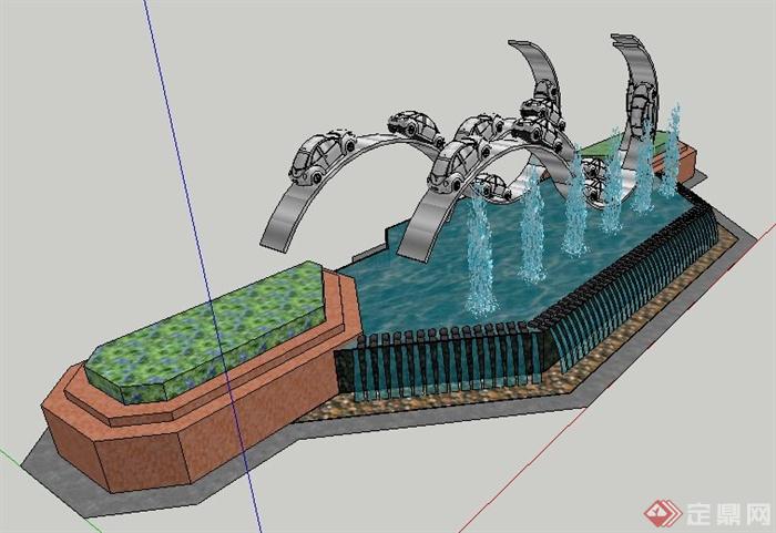 现代风格创意雕塑喷泉水景su模型(2)