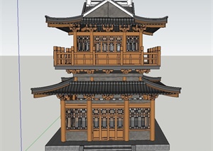 两层古典中式塔楼建筑设计SU(草图大师)模型