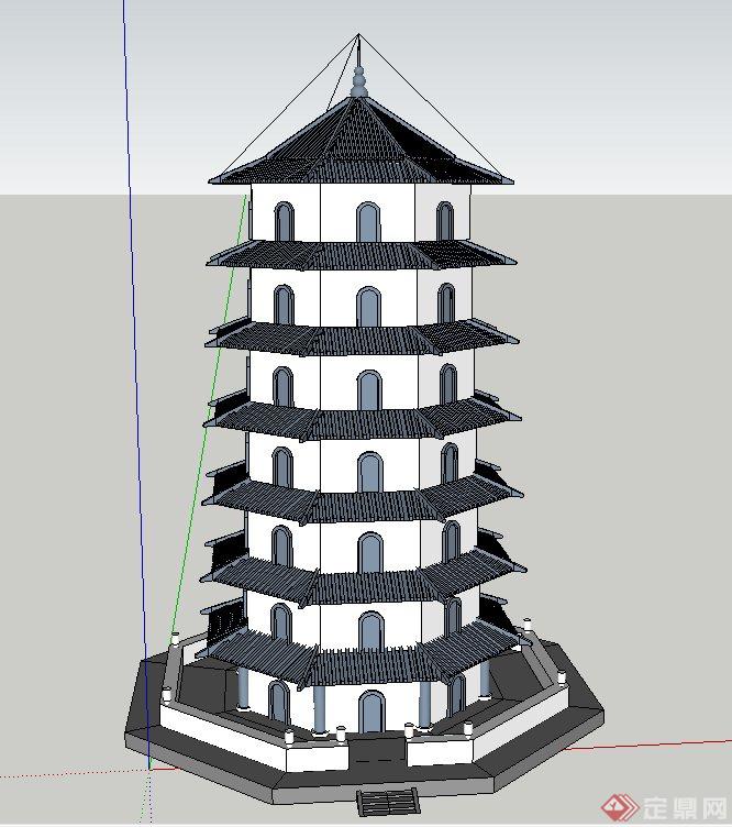 某古典中式七层塔楼建筑设计SU模型(1)