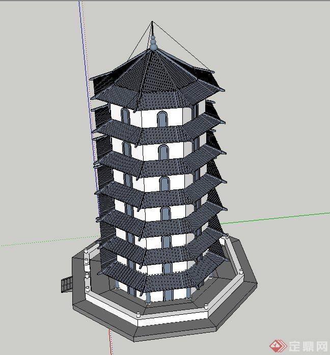 某古典中式七层塔楼建筑设计SU模型(2)