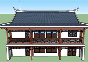 古典中式两层茶楼建筑设计SU(草图大师)模型