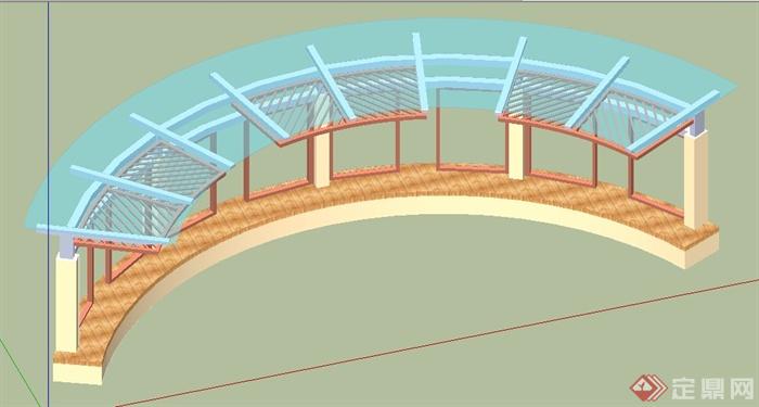 现代风格弧形玻璃木廊架设计su模型(2)