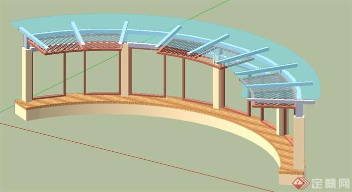 现代风格弧形玻璃木廊架设计su模型(1)