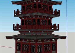 古典中式三层塔楼设计SU(草图大师)模型