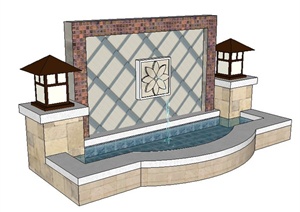 现代简约中式喷水景墙SU(草图大师)模型
