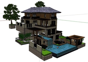 现代中式风格山地别墅住宅建筑设计SU(草图大师)模型