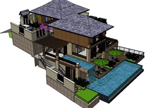 现代中式山地别墅住宅建筑设计SU(草图大师)模型