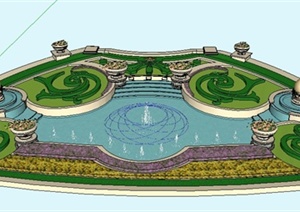 现代喷泉花池组合景观SU(草图大师)模型