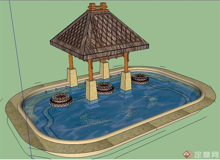 东南亚风格凉亭及小泳池su模型(1)