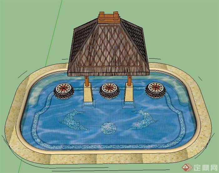 东南亚风格凉亭及小泳池su模型(3)