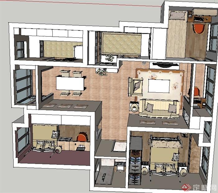 现代某两室一厅住宅空间室内装修设计SU模型+CAD施工图(3)