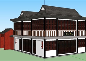 中式风格双层游客中心建筑设计SU(草图大师)模型