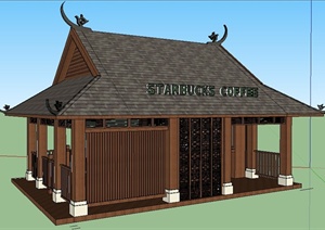 东南亚风格咖啡厅建筑设计SU(草图大师)模型