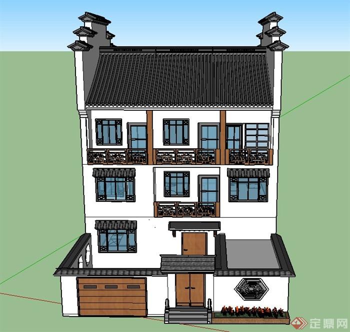 某古典中式三层庭院住宅建筑设计SU模型(1)