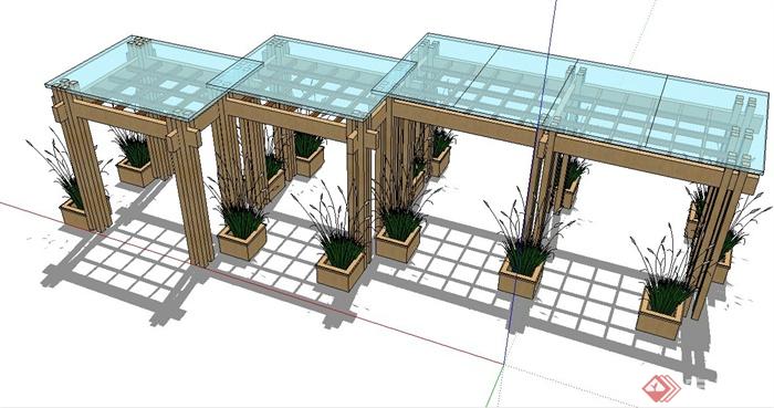 现代组合玻璃木廊架su模型(2)