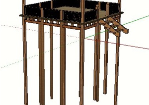 现代中式木制带楼梯观景亭SU(草图大师)模型