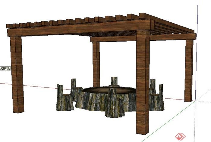 中式木花架及木桌凳su模型(1)