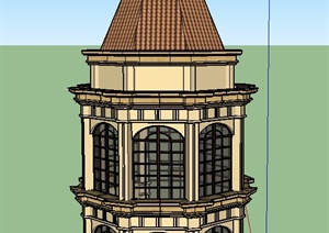 某欧式圆锥形两层塔楼建筑设计SU(草图大师)模型