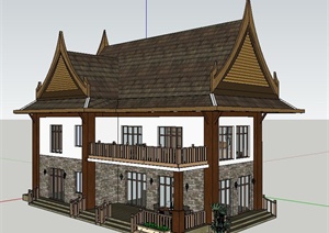 泰式风格二层别墅住宅建筑设计SU(草图大师)模型