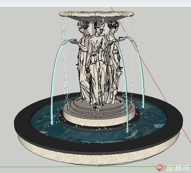 欧式风格人物雕塑跌水景观su模型(1)