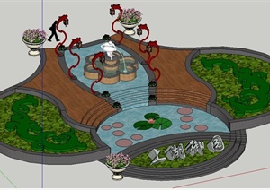 现代风格组合花池叠水景观SU(草图大师)模型
