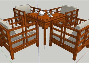 现代中式风格木制茶桌椅SU(草图大师)模型
