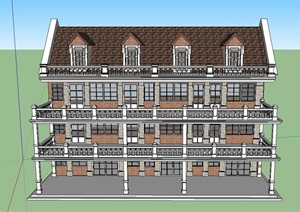 某欧式三层带阳台咖啡馆建筑设计SU(草图大师)模型