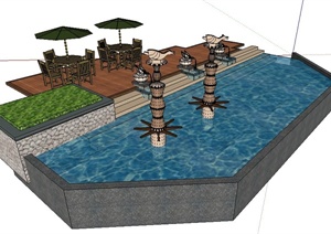 现代风格观景木平台喷泉水池SU(草图大师)模型