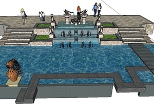 现代风格叠水喷泉景观SU(草图大师)模型